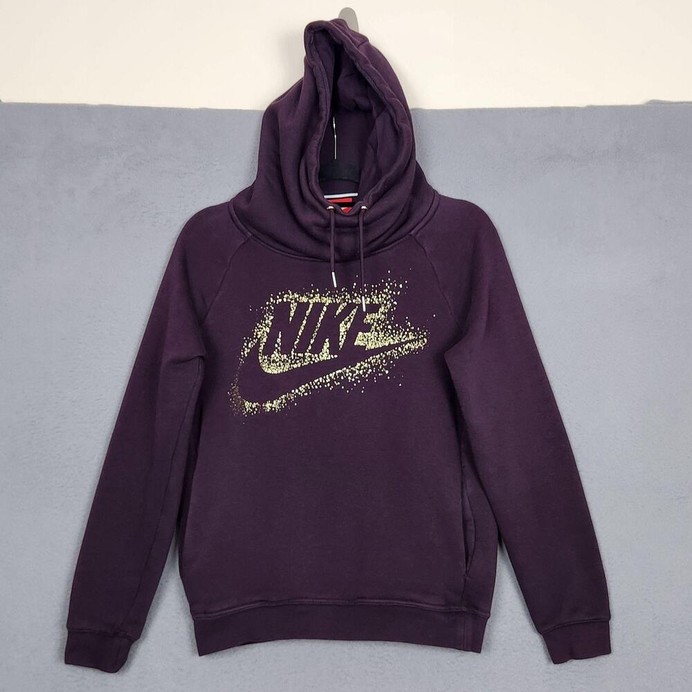 Nike Hoodie Womens Small Purple Glitter Logo Cowl Neck Pullover 874114-652